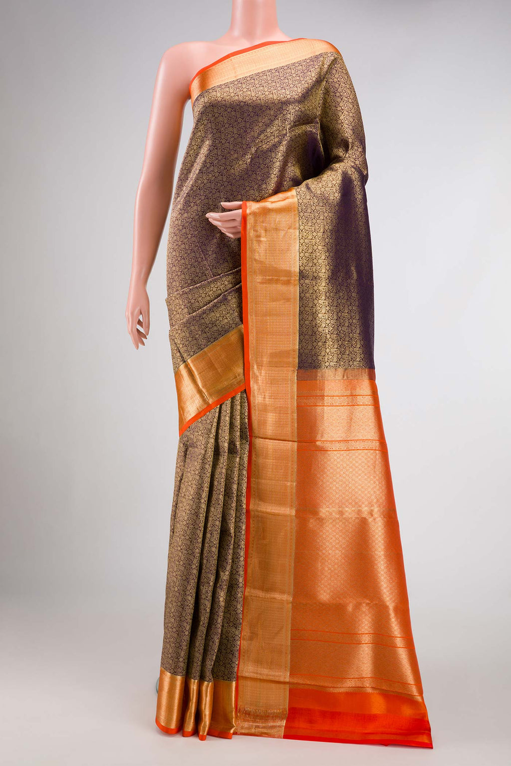 Coffee Brown Dual Tone Kanchipuram Silk Saree with Zari Brocade on the body and Zari Border.  displayed on a mannequin