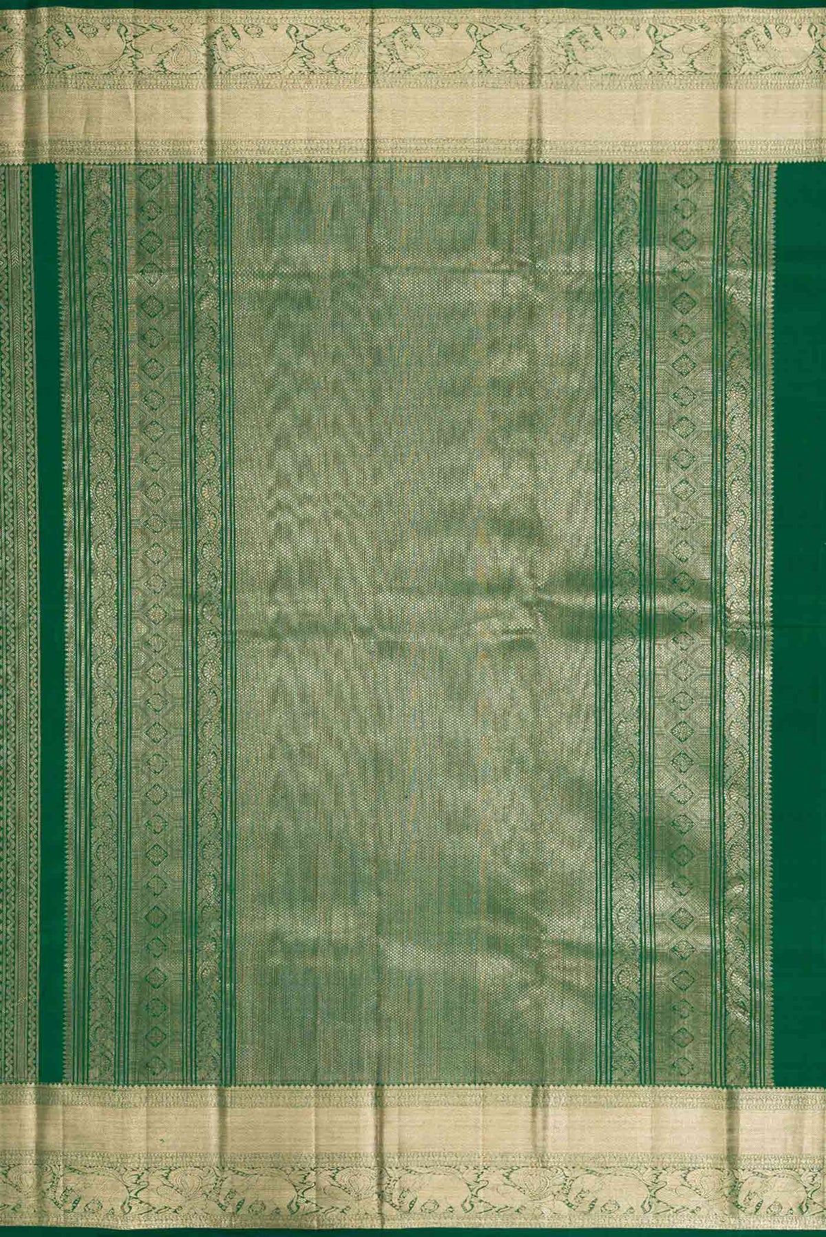 Close up image of the pallu of Green Kanchipuram Silk Saree with Stripes on the body and Zari Border
