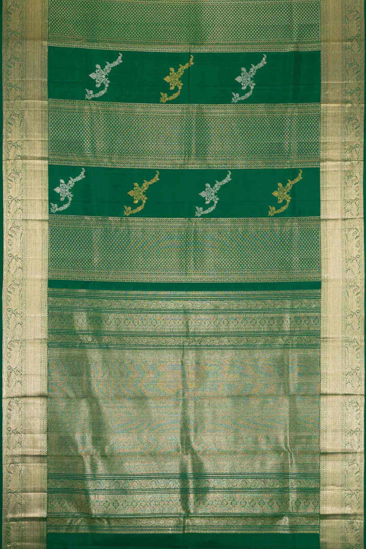 Flat view of Green Kanchipuram Silk Saree with Stripes on the body and Zari Border