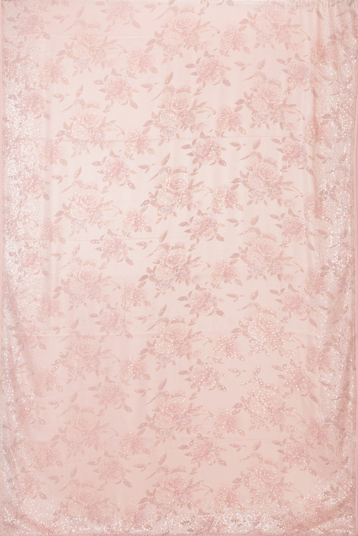 Flat view of Rose Gold Dual Tone Georgette Saree with Embroidery on the body and Embroidery Border. 