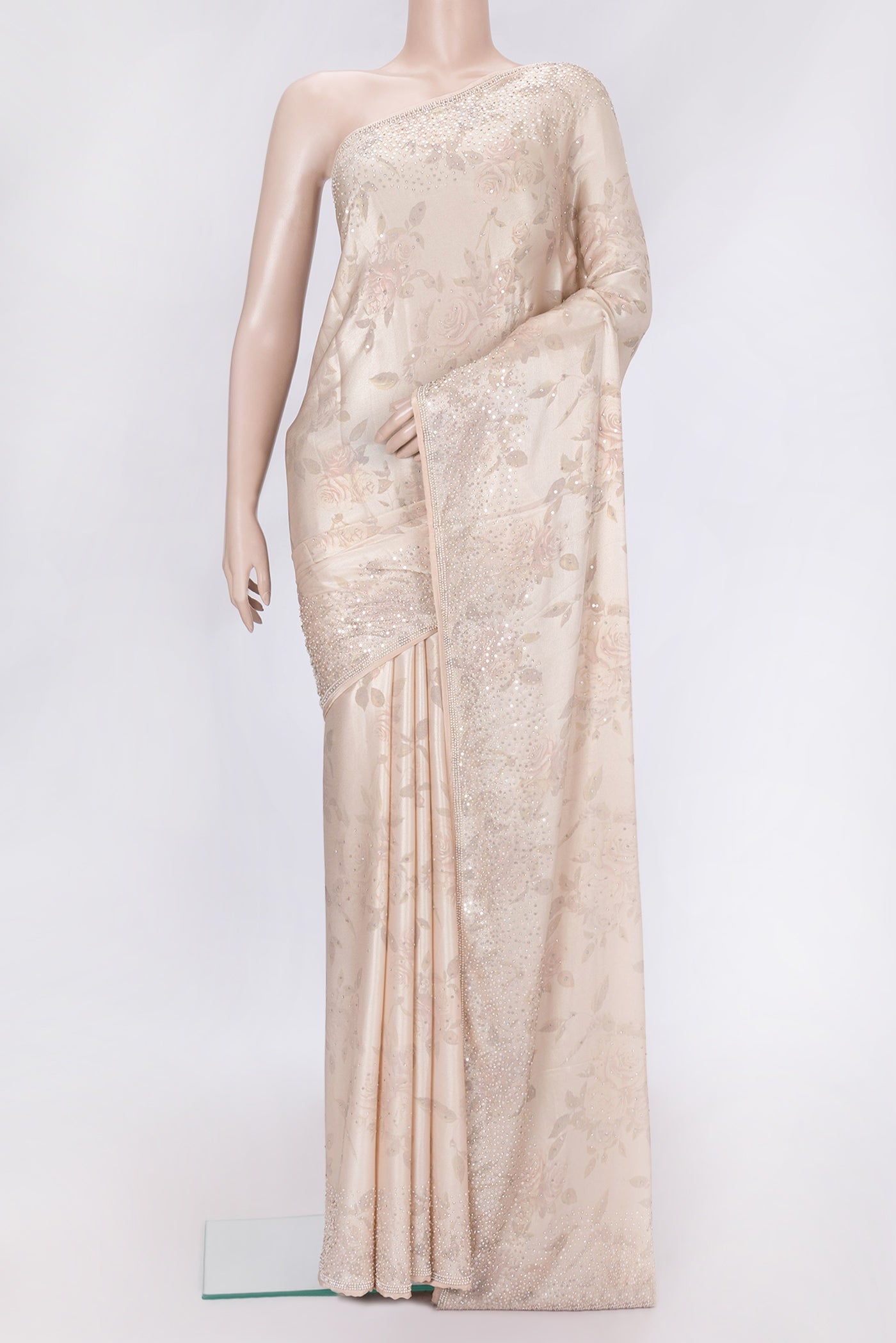 Rose Gold Dual Tone Mysore Crepe Saree with Embroidery on the body and Embroidery Border.  displayed on a mannequin