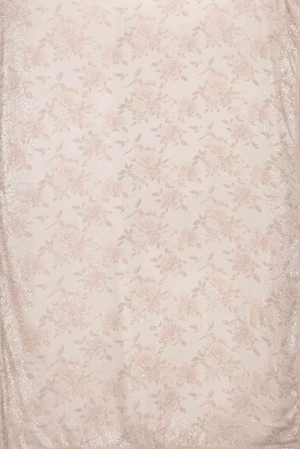 Flat view of Rose Gold Dual Tone Mysore Crepe Saree with Embroidery on the body and Embroidery Border. 