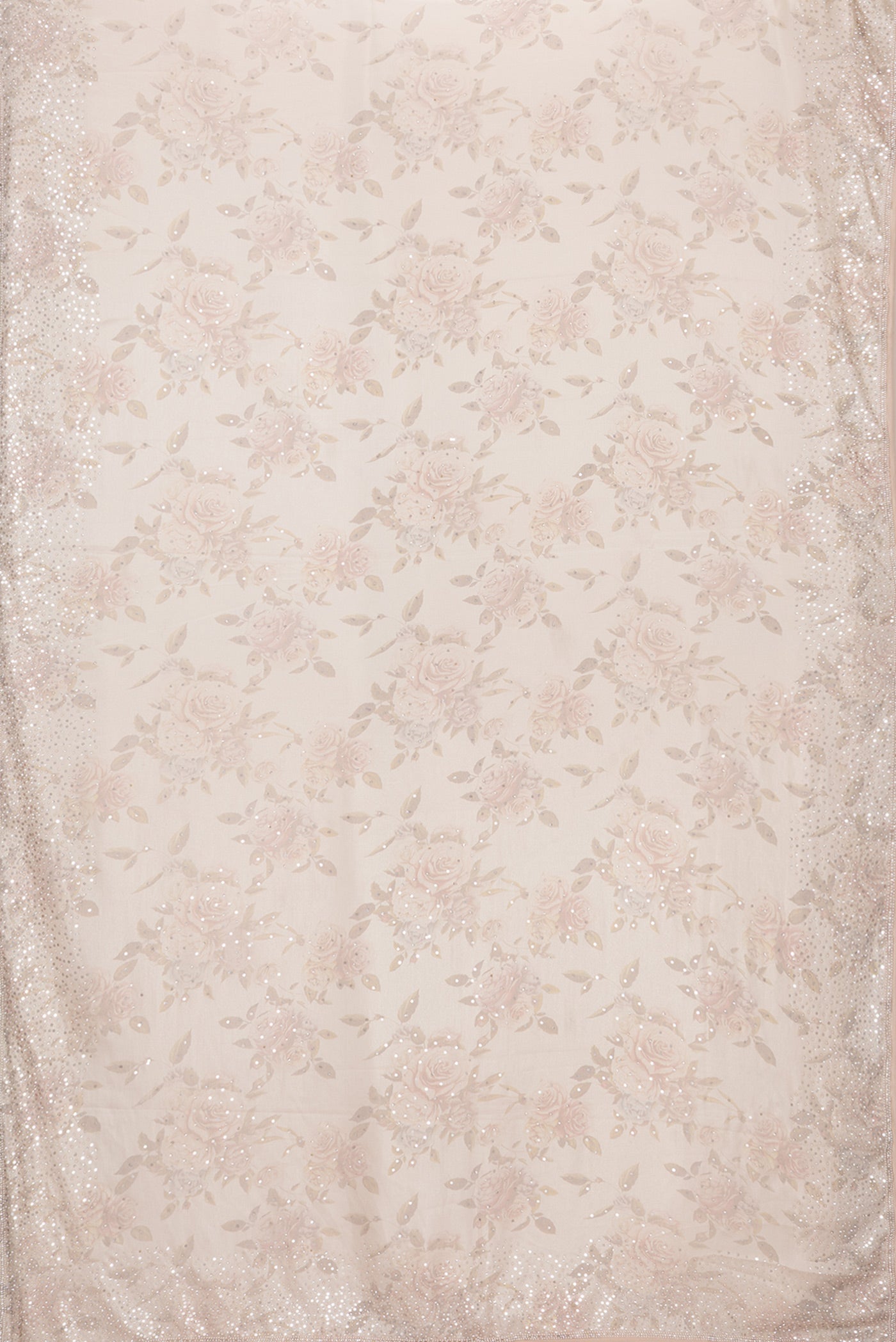 Flat view of Rose Gold Dual Tone Mysore Crepe Saree with Embroidery on the body and Embroidery Border. 