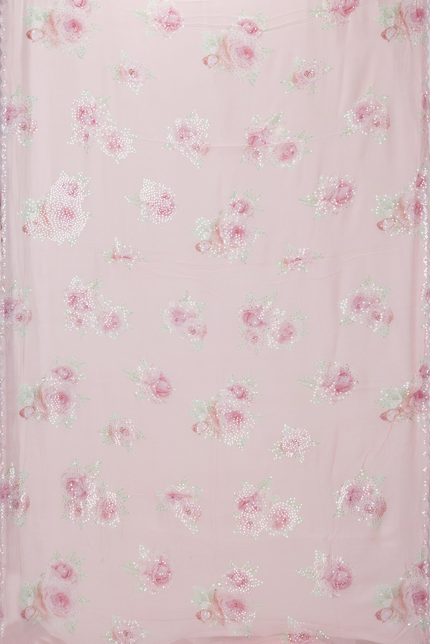 Flat view of Pink Georgette Saree with Embroidery on the body and Embroidery Border. 