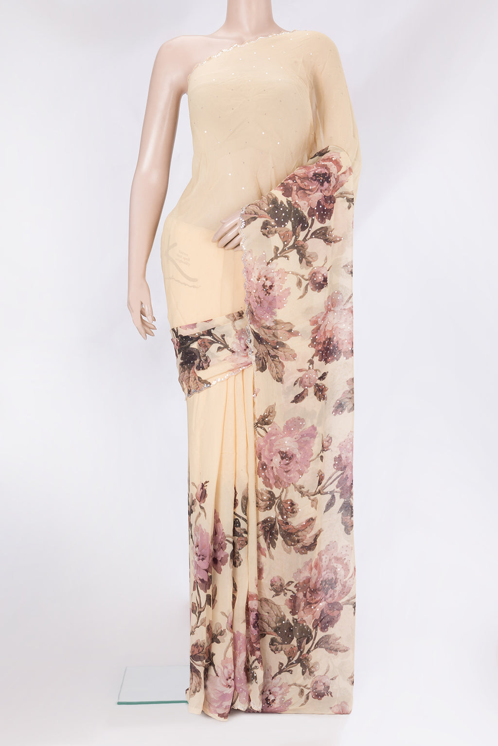 Sandal Georgette Saree with Embroidery on the body and Sequin Border.  displayed on a mannequin