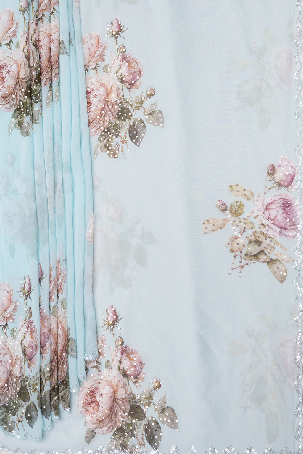 Pleats and pallu of Sky Blue Dual Tone Georgette Saree with Embroidery on the body and Embroidery Border. 