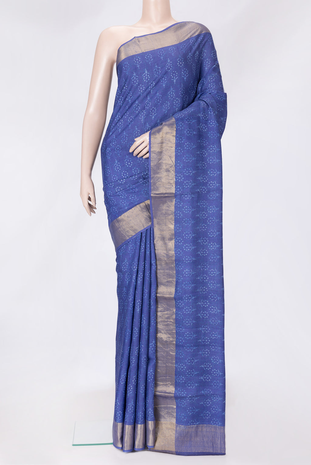 Navy Blue Dual Tone Tussar Silk Saree with Printed design on the body and Zari Border.  displayed on a mannequin