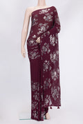 Maroon Dual Tone Georgette Saree with Embroidery on the body and Without Border.  displayed on a mannequin