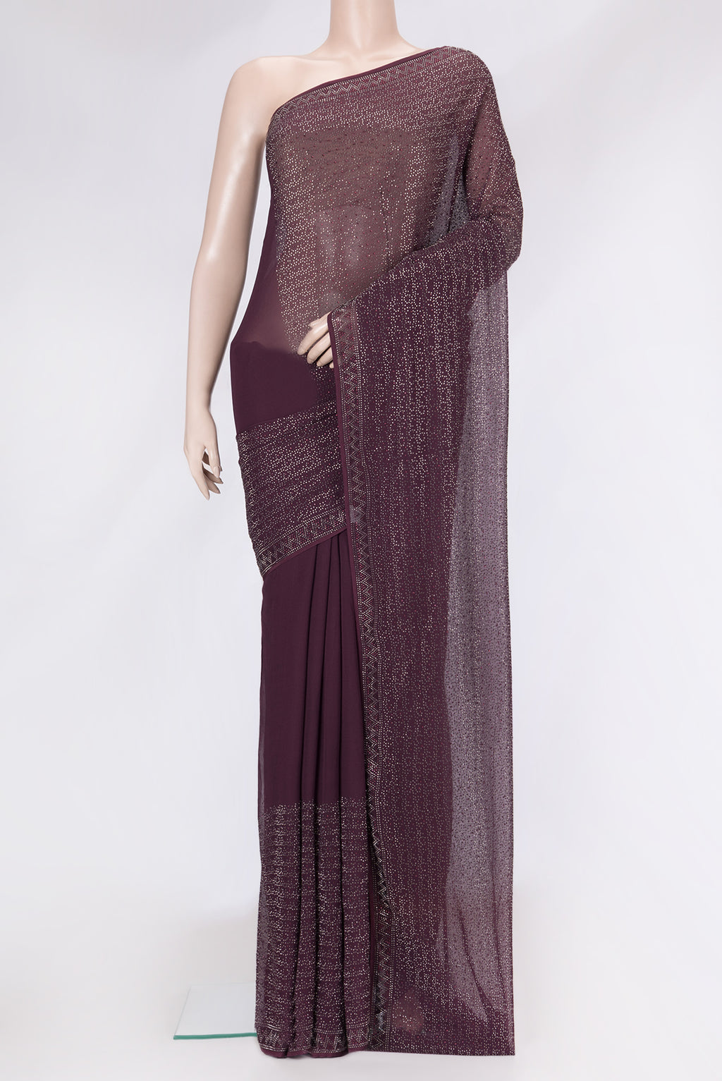 Burgundy Dual Tone Mysore Georgette Saree with Embroidery on the body and Sequin Border.  displayed on a mannequin