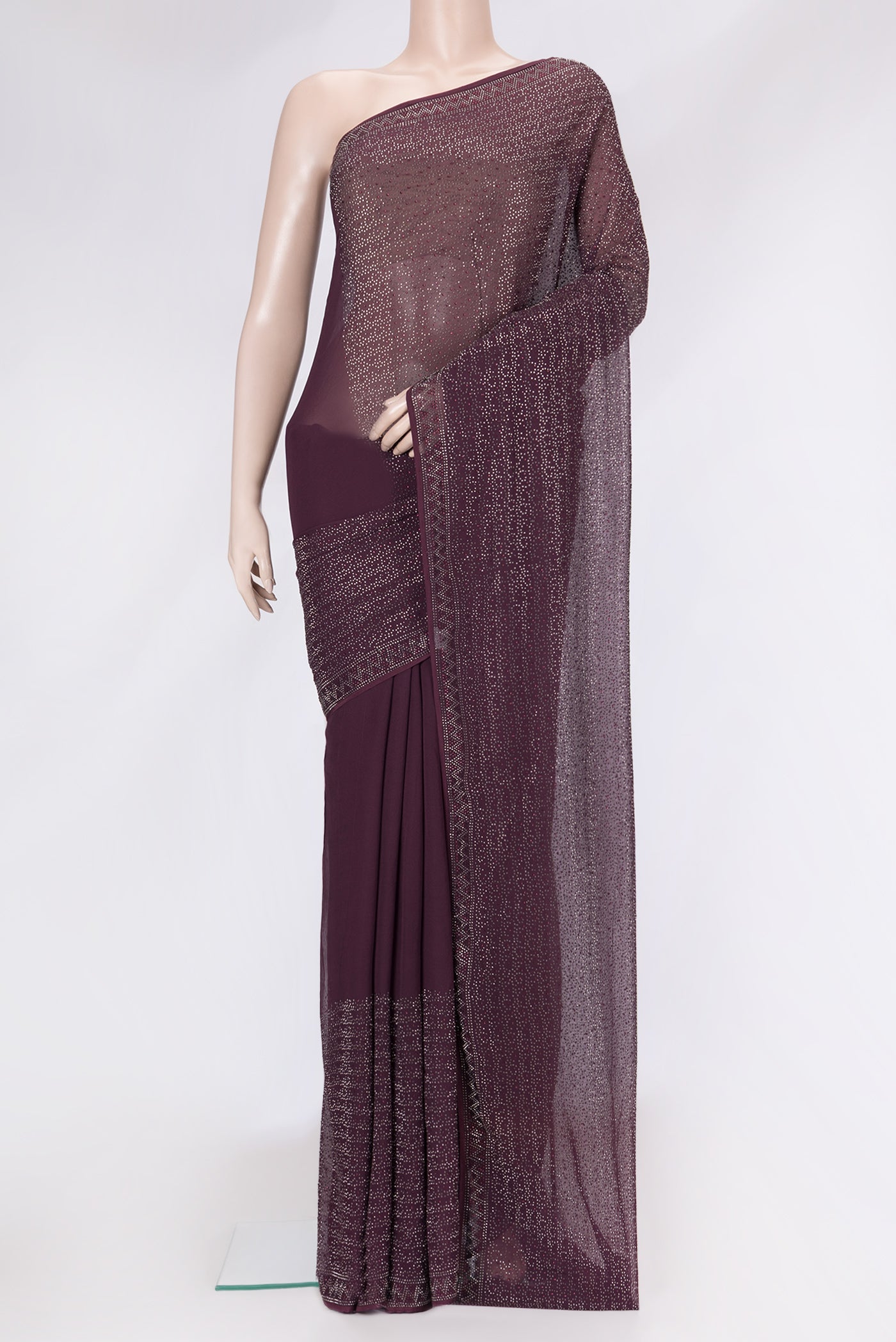 Burgundy Dual Tone Mysore Georgette Saree with Embroidery on the body and Sequin Border.  displayed on a mannequin