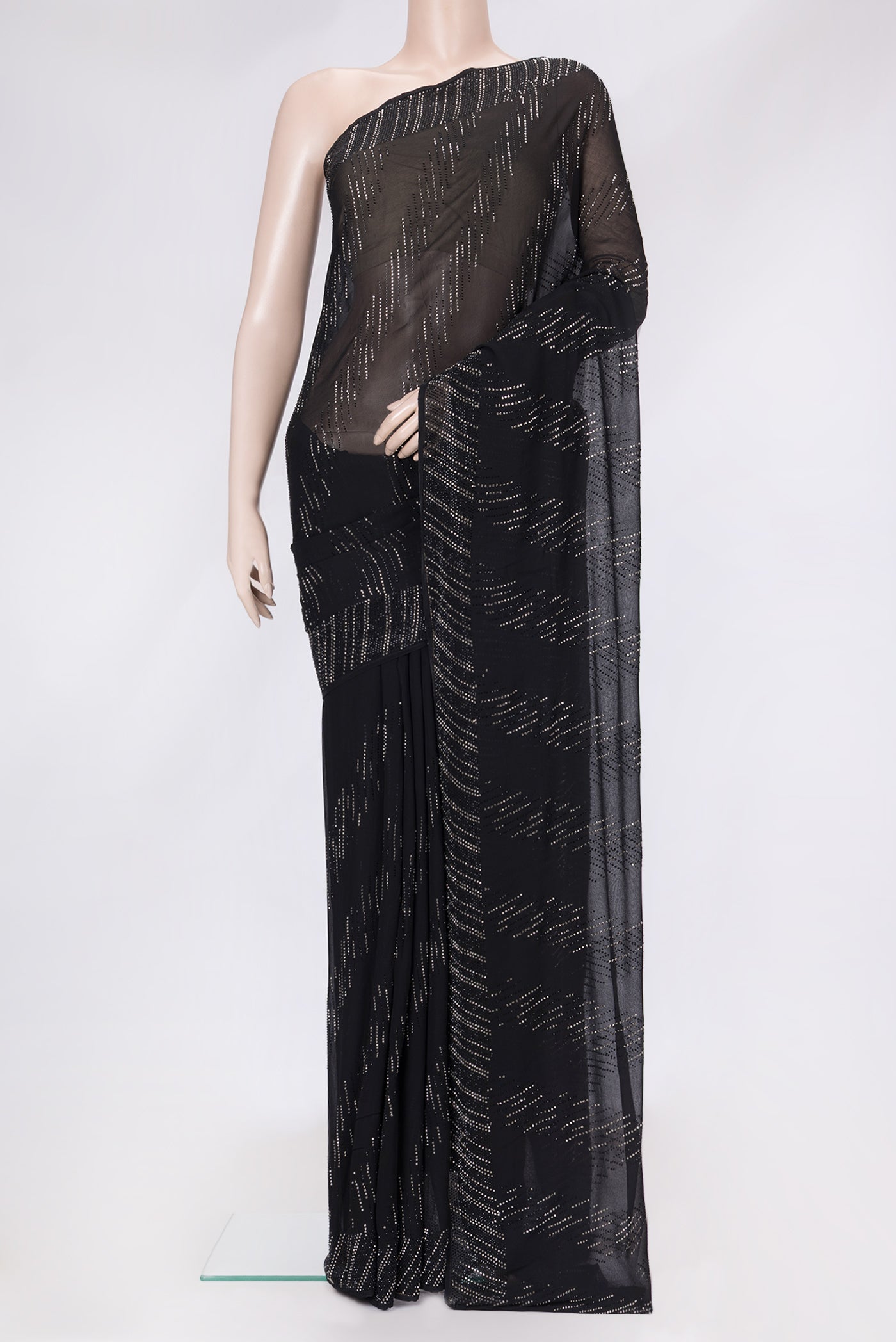 Black Dual Tone Mysore Georgette Saree with Embroidery on the body and Embroidery Border.  displayed on a mannequin