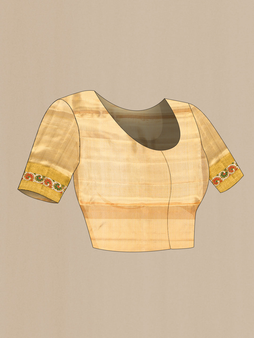 Close up image of the blouse of Gold Dual Tone Kanjivaram Tissue Silk Saree with Zari Brocade on the body and Zari Border. 
