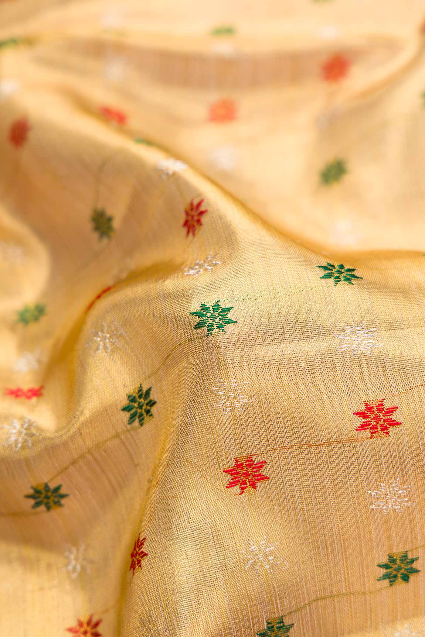 Close up of Gold Dual Tone Kanjivaram Tissue Silk Saree with Zari Brocade on the body and Zari Border.  displaying folds
