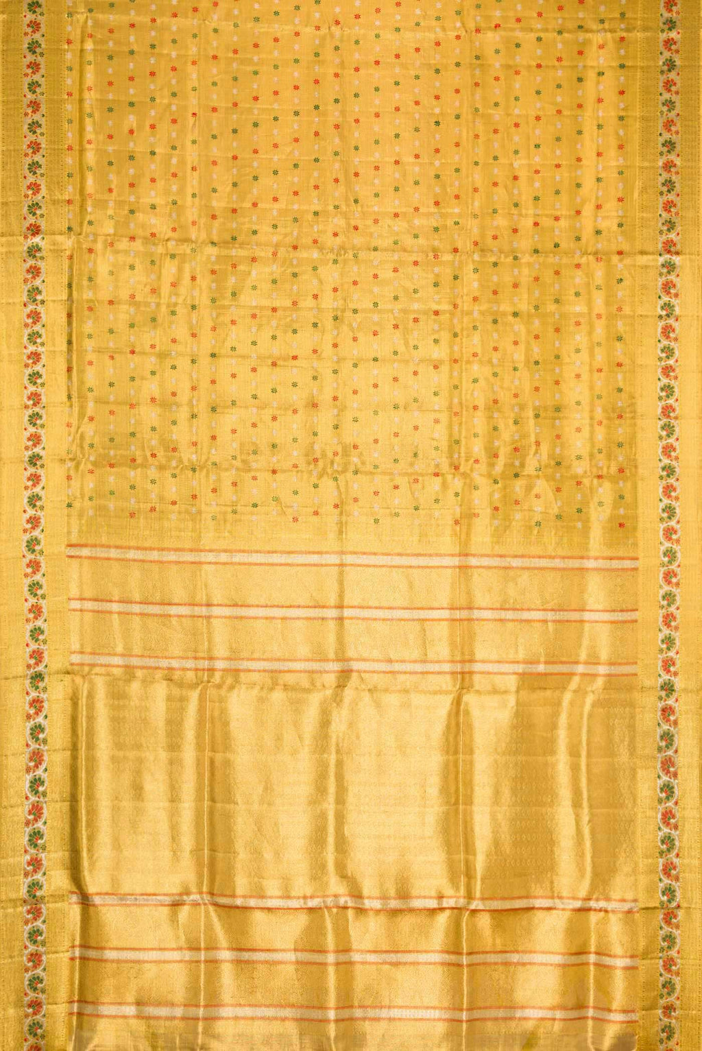 Flat view of Gold Dual Tone Kanjivaram Tissue Silk Saree with Zari Brocade on the body and Zari Border. 