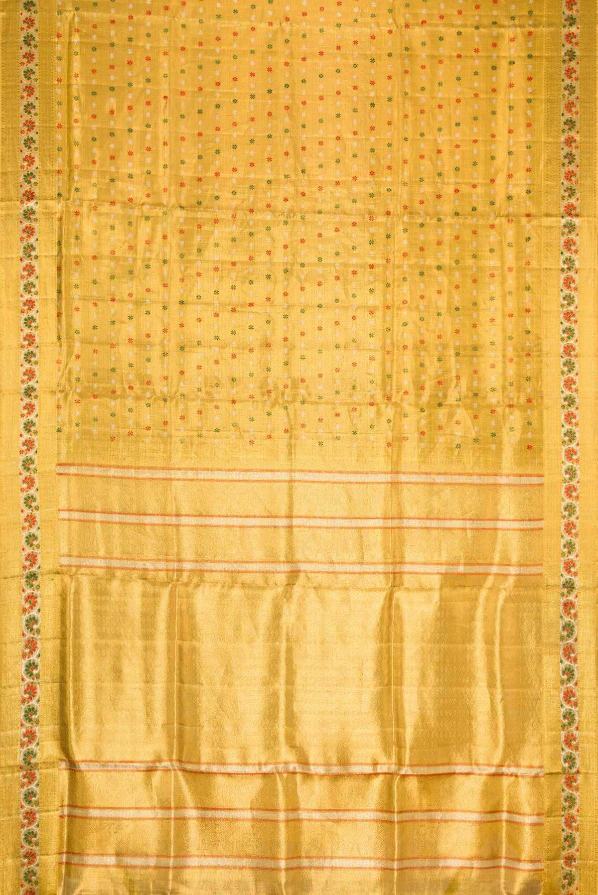 Flat view of Gold Dual Tone Kanjivaram Tissue Silk Saree with Zari Brocade on the body and Zari Border. 