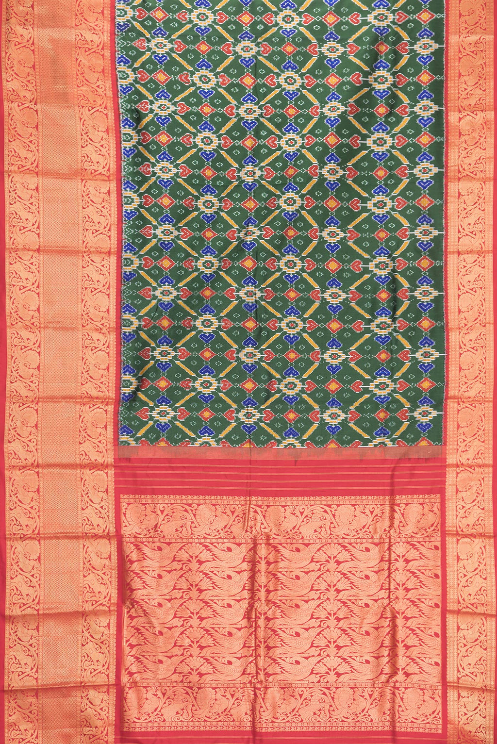 Flat view of Bottle Green Dual Tone Kanchipuram Silk Saree with Ikat Print on the body and Zari Border. 
