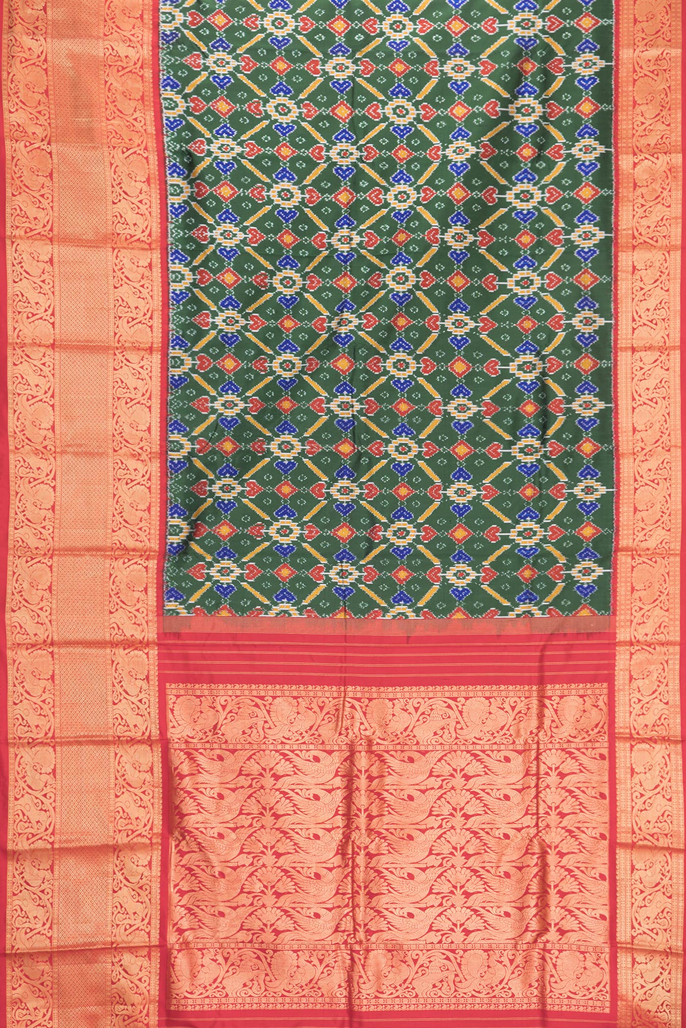 Flat view of Bottle Green Dual Tone Kanchipuram Silk Saree with Ikat Print on the body and Zari Border. 