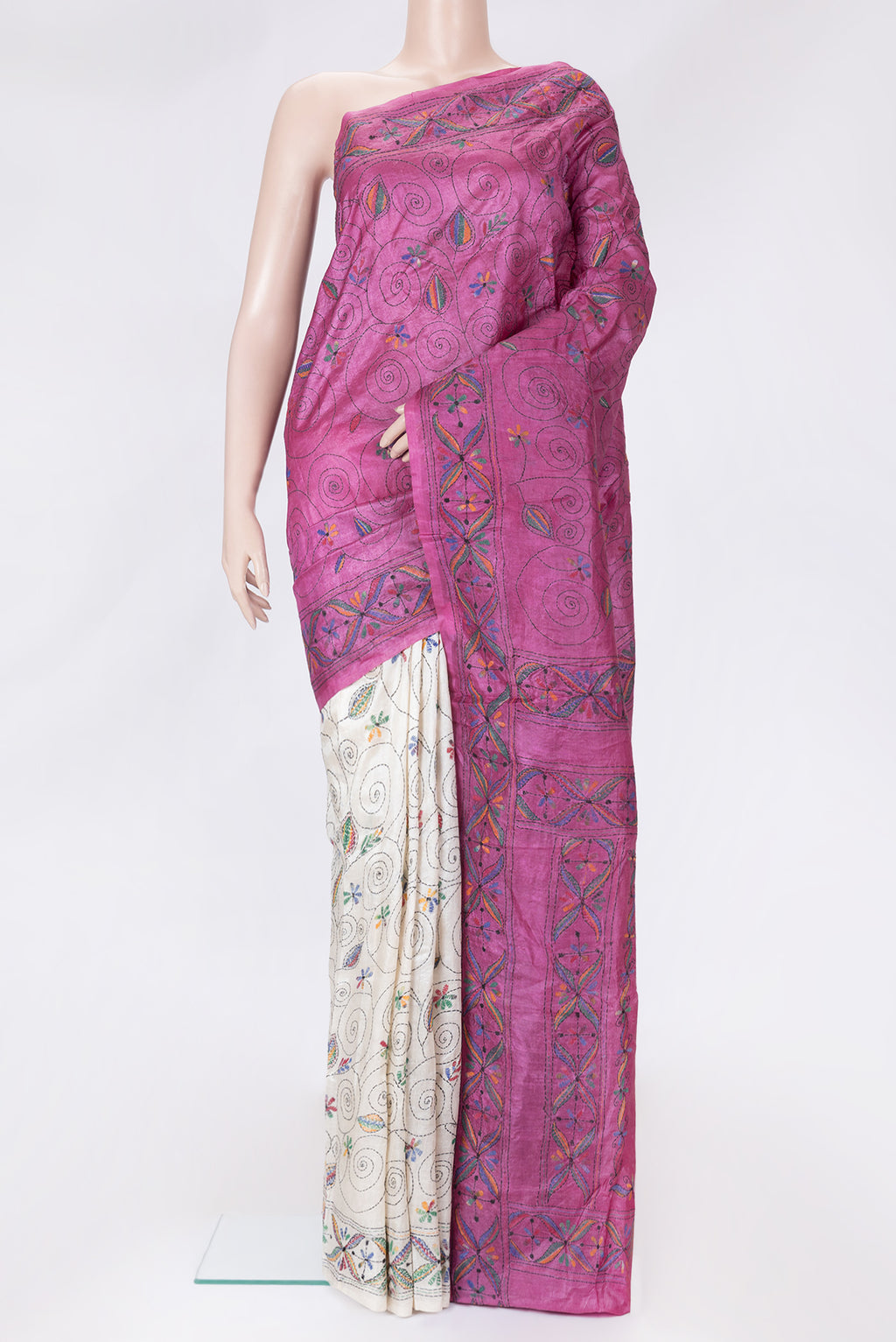 Pink Dual Tone Tussar Silk Saree with Embroidery on the body and Embroidery Border.  displayed on a mannequin