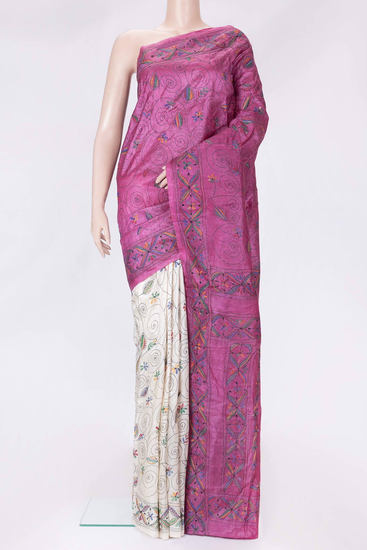 Pink Dual Tone Tussar Silk Saree with Embroidery on the body and Embroidery Border.  displayed on a mannequin