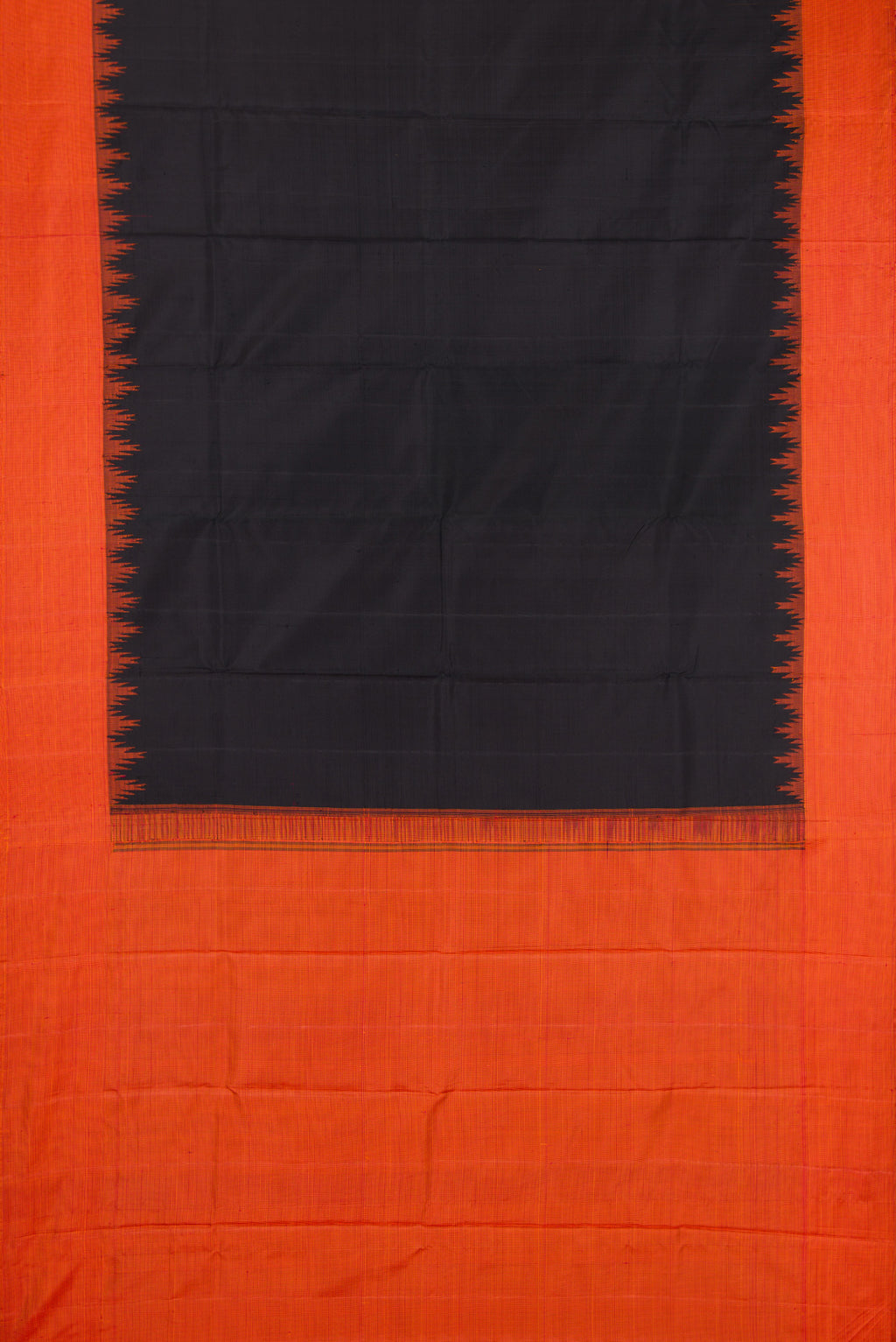 Flat view of Black Kanjivaram Silk Saree with Plain Body and Temple Border. 