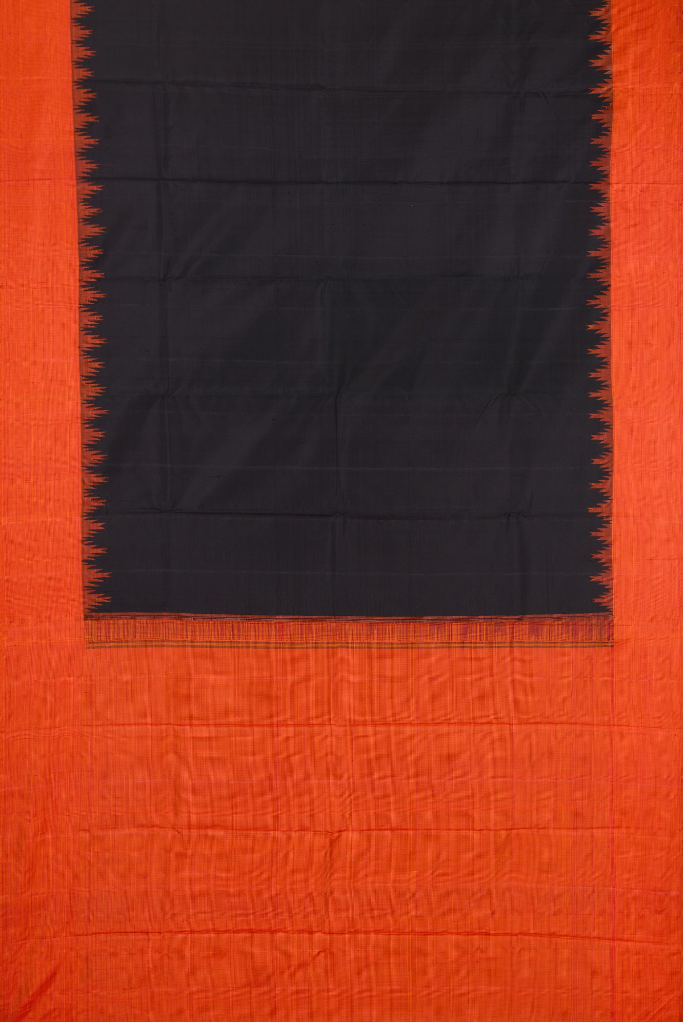 Flat view of Black Kanjivaram Silk Saree with Plain Body and Temple Border. 