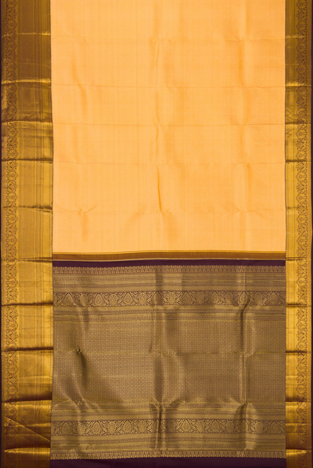 Flat view of Sandal Dual Tone Kanjivaram Silk Saree with Zari Brocade on the body and Zari Border. 