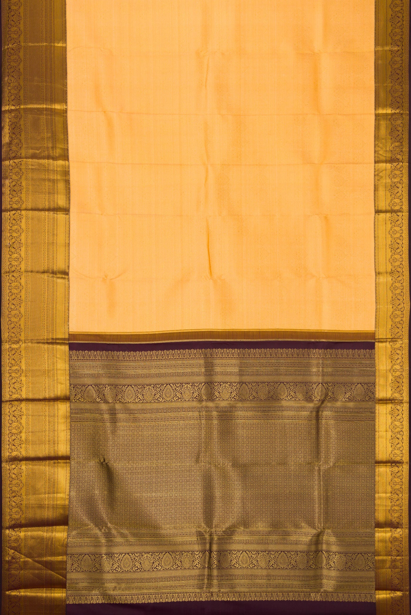 Flat view of Sandal Dual Tone Kanjivaram Silk Saree with Zari Brocade on the body and Zari Border. 