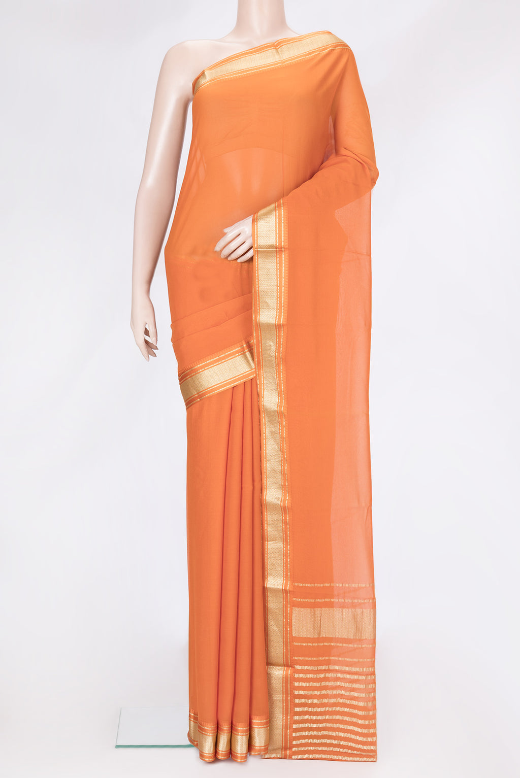 Orange Dual Tone Georgette Saree with Plain Body and Zari Border.  displayed on a mannequin