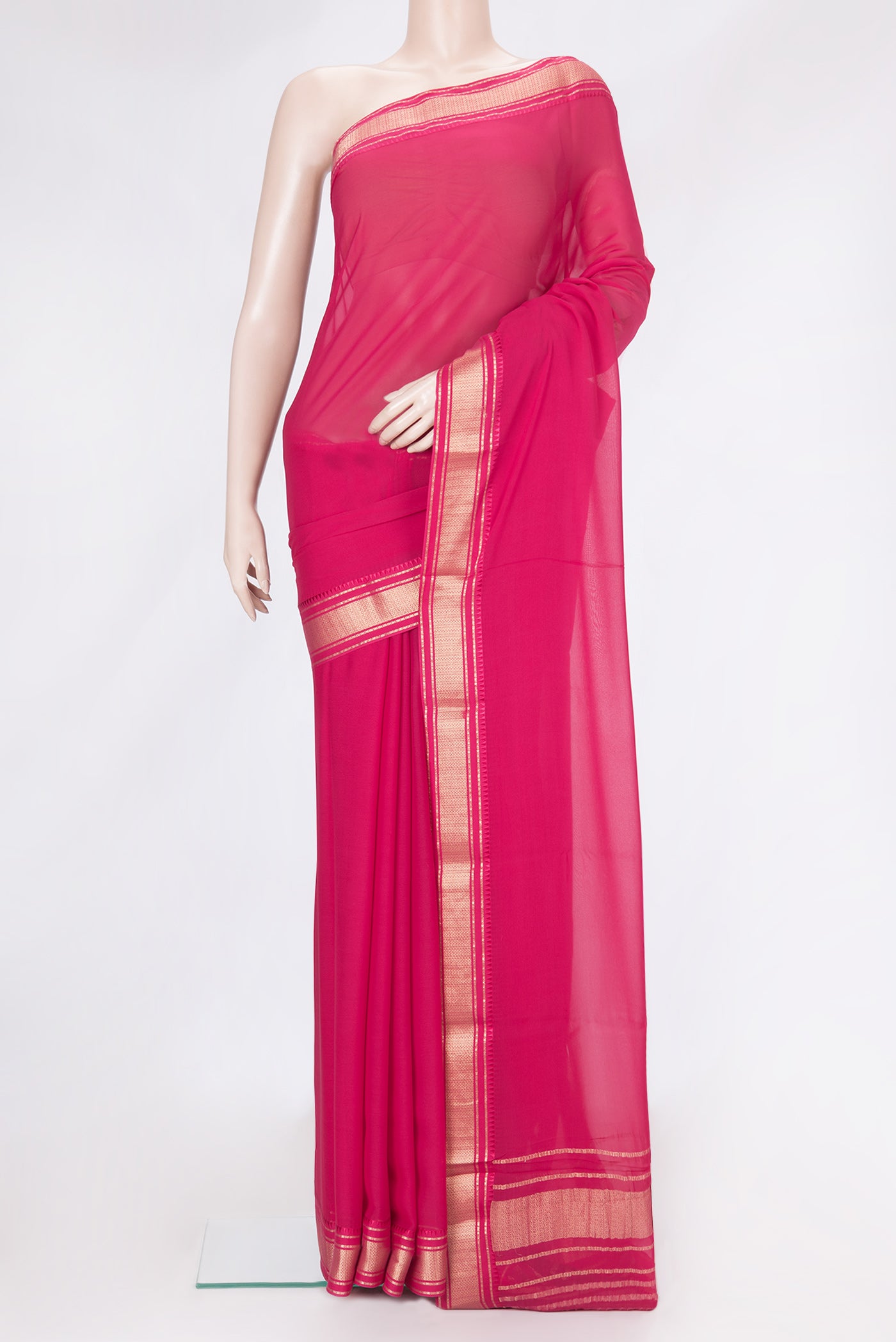 Dark Pink Dual Tone Georgette Saree with Plain Body and Zari Border.  displayed on a mannequin