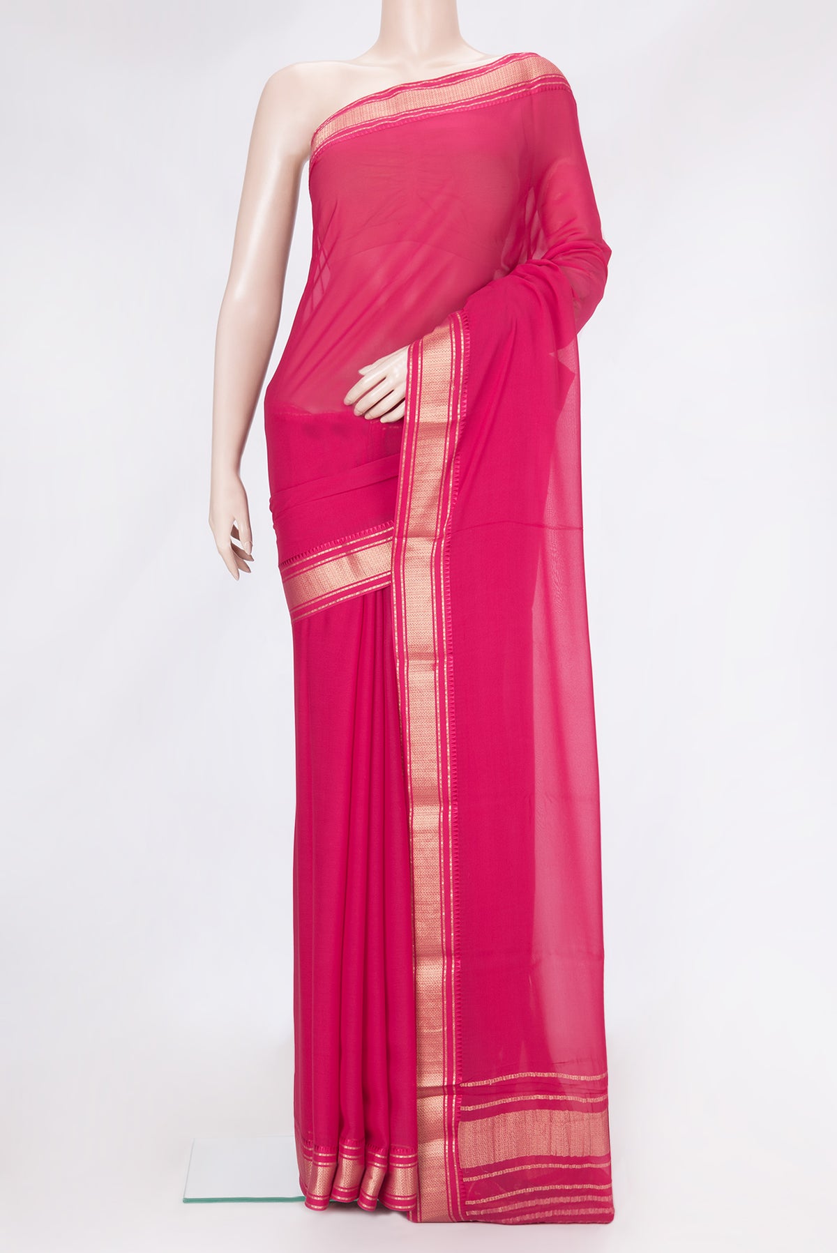 Dark Pink Dual Tone Georgette Saree with Plain Body and Zari Border.  displayed on a mannequin