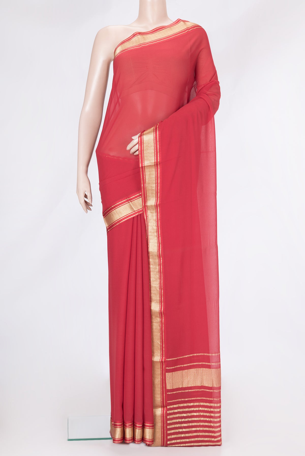 Red Dual Tone Georgette Saree with Plain Body and Zari Border.  displayed on a mannequin