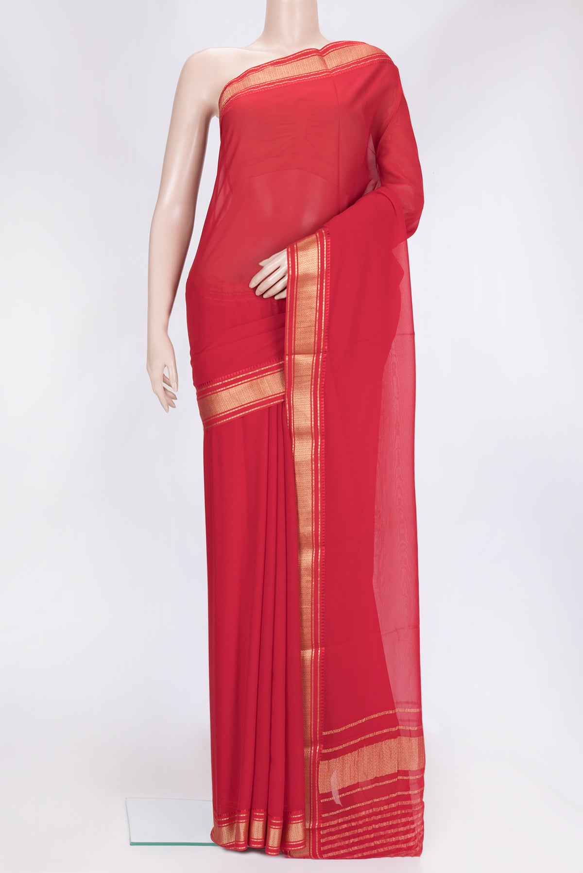 Red Dual Tone Mysore Georgette Saree with Plain Body and Zari Border.  displayed on a mannequin