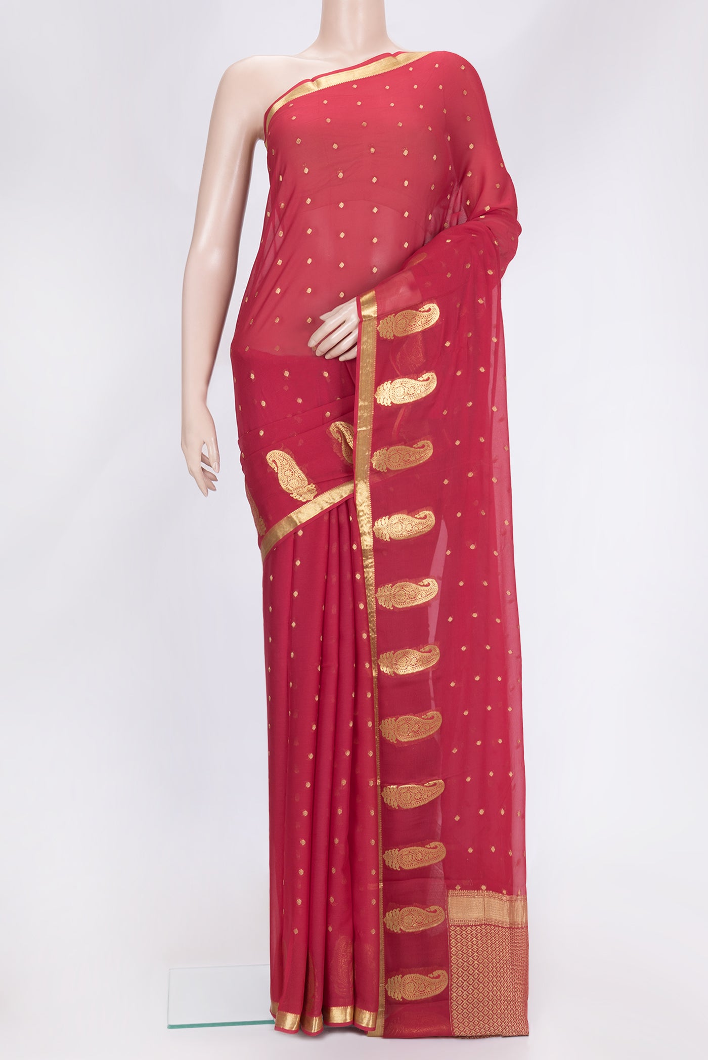 Pink Dual Tone Mysore Georgette Saree with Zari Butta on the body and Fancy Border.  displayed on a mannequin