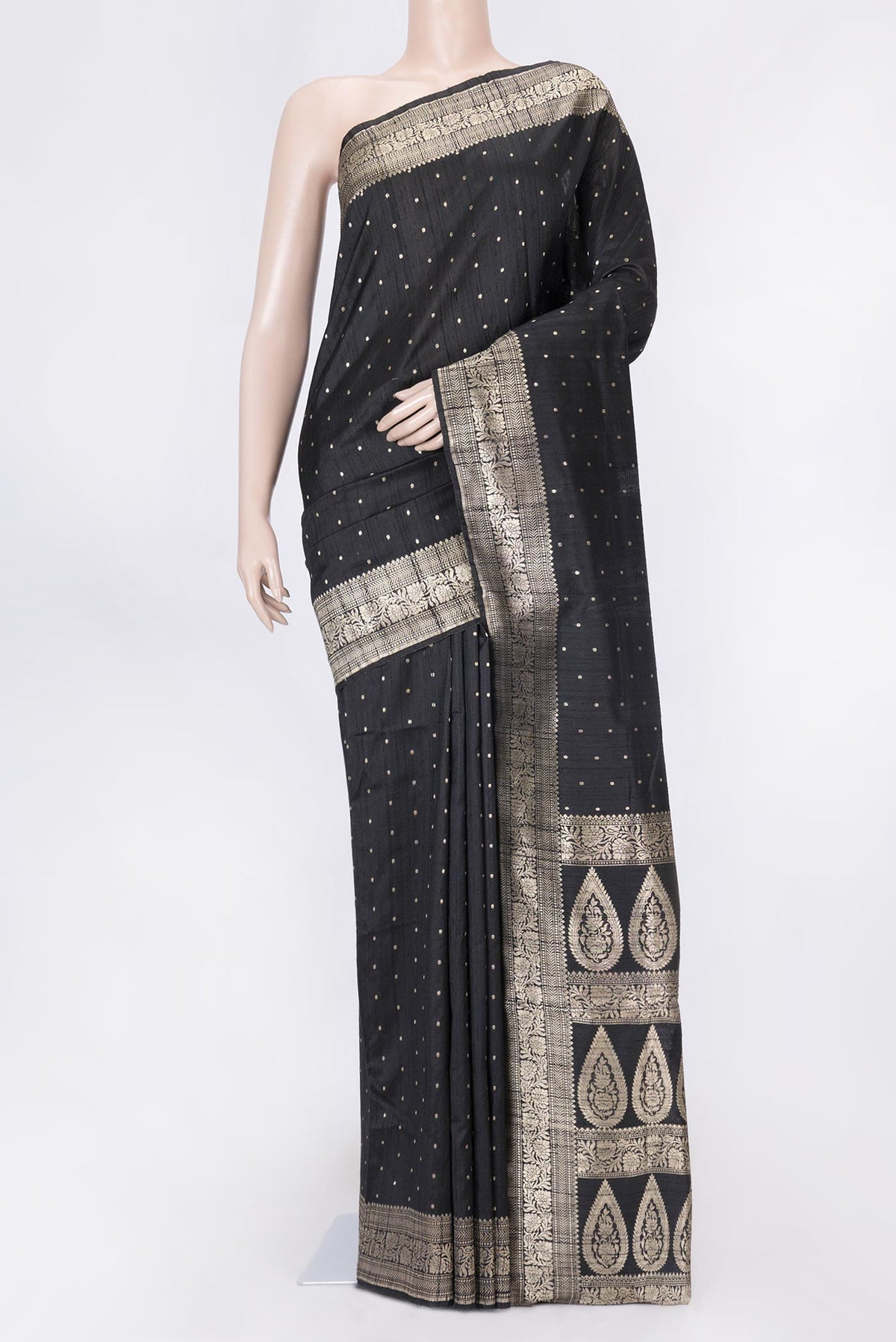 Black Dual Tone Raw Silk Saree with Zari Butta on the body and Zari Border displayed on a mannequin