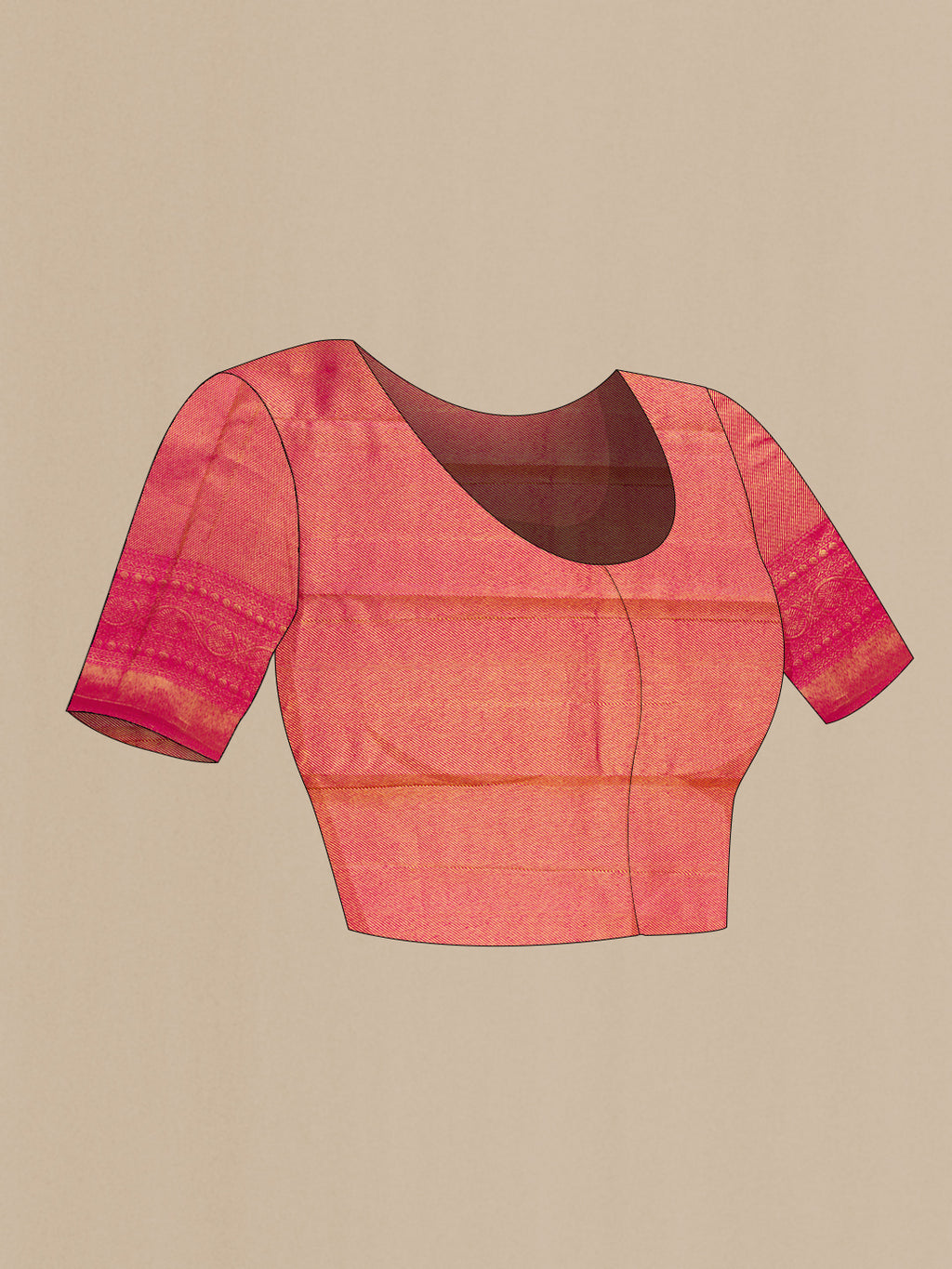 Close up image of the blouse of Magenta Dual Tone Kanchipuram Silk Saree with Zari Brocade on the body and Zari Border. 