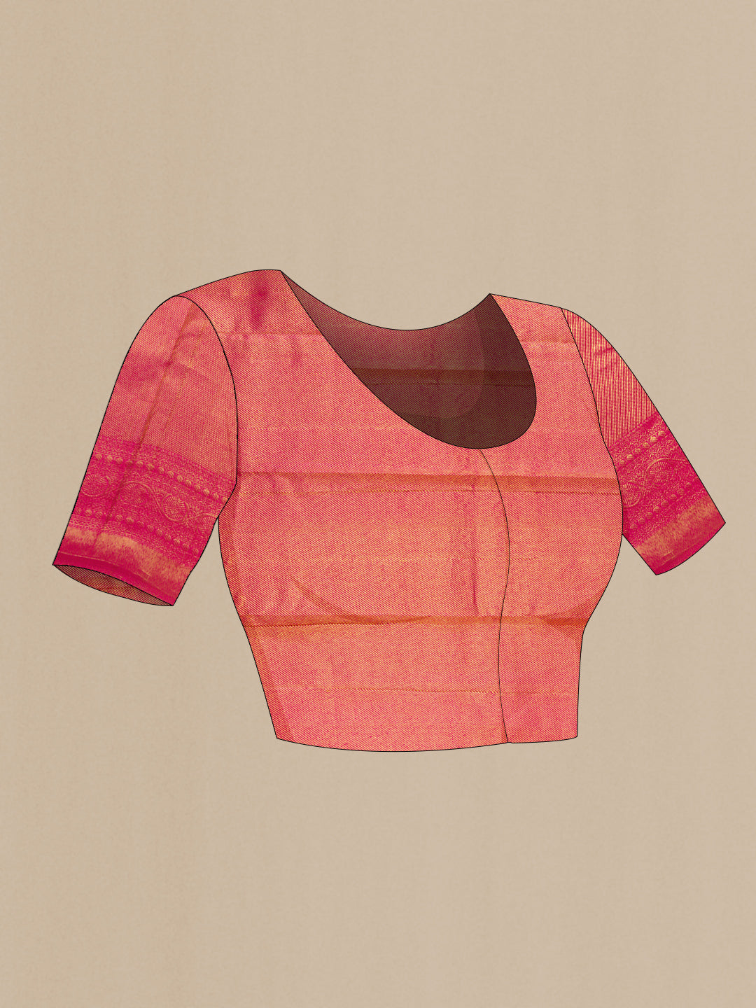 Close up image of the blouse of Magenta Dual Tone Kanchipuram Silk Saree with Zari Brocade on the body and Zari Border. 