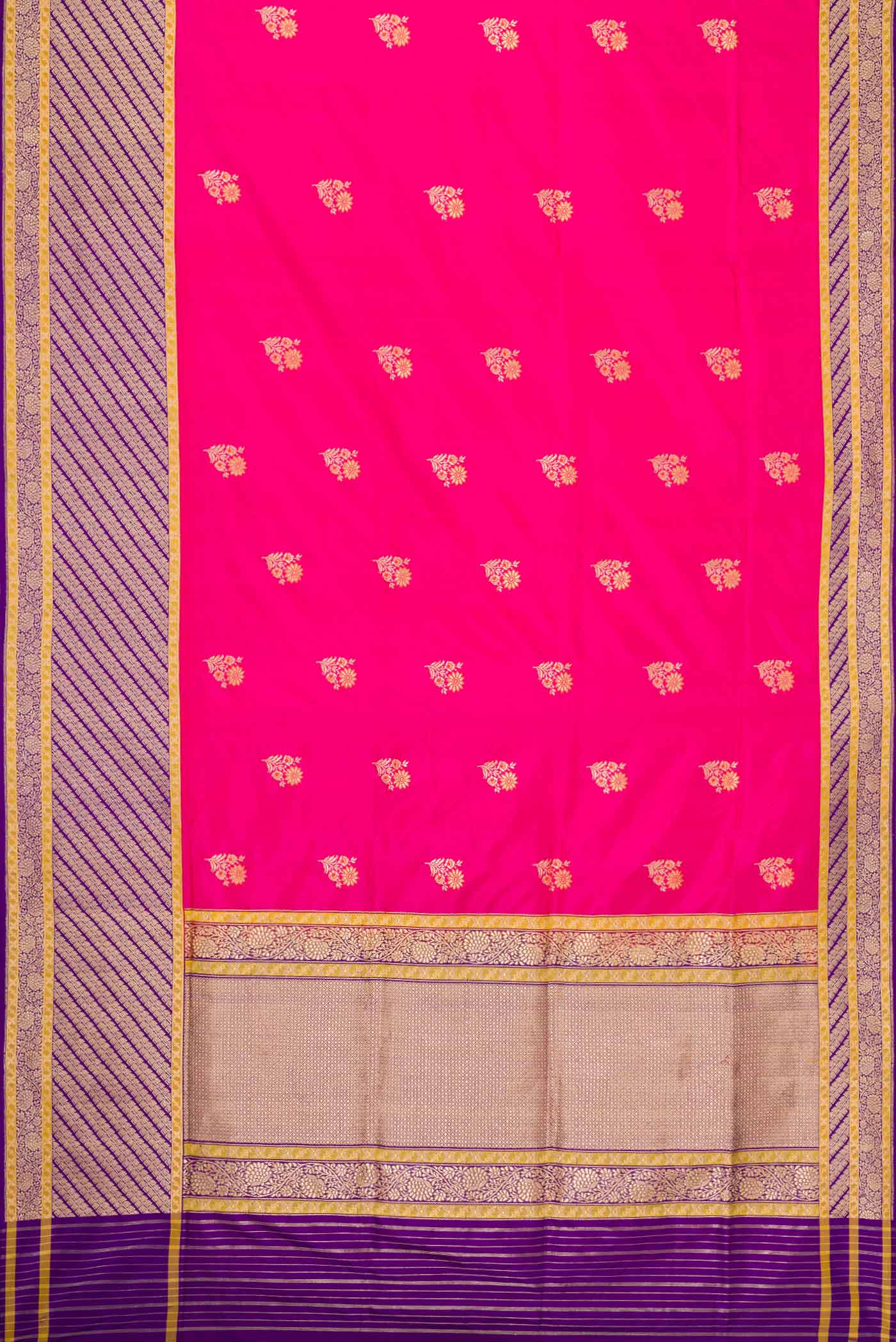 Flat view of Pure Silk Pure Zari Pink Dual Tone Banarasi Saree with Zari And Thread Butta on the body and Zari Border