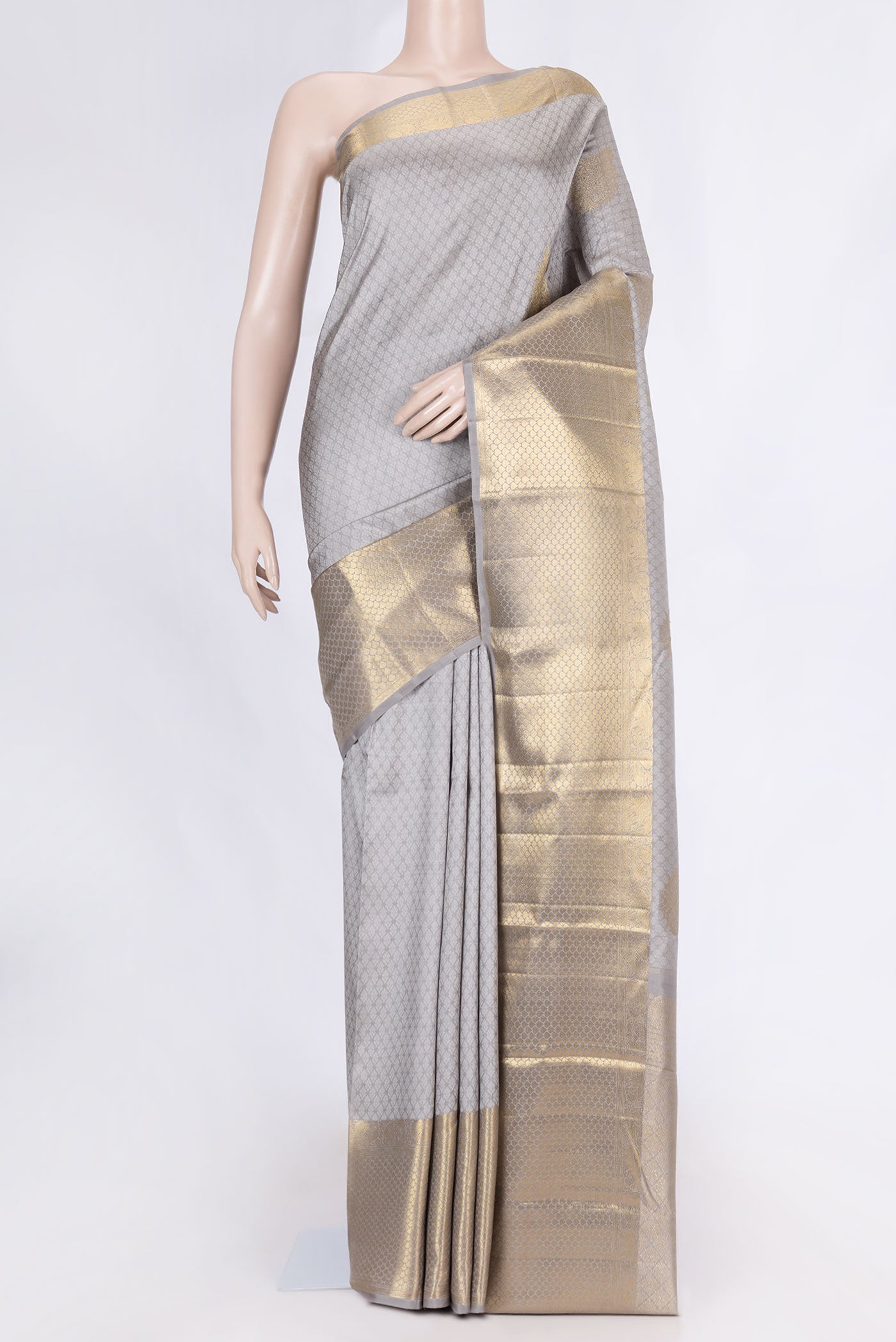 Grey Dual Tone Kanchipuram Silk Saree with Jacquard With Zari Butta on the body and Zari Border displayed on a mannequin