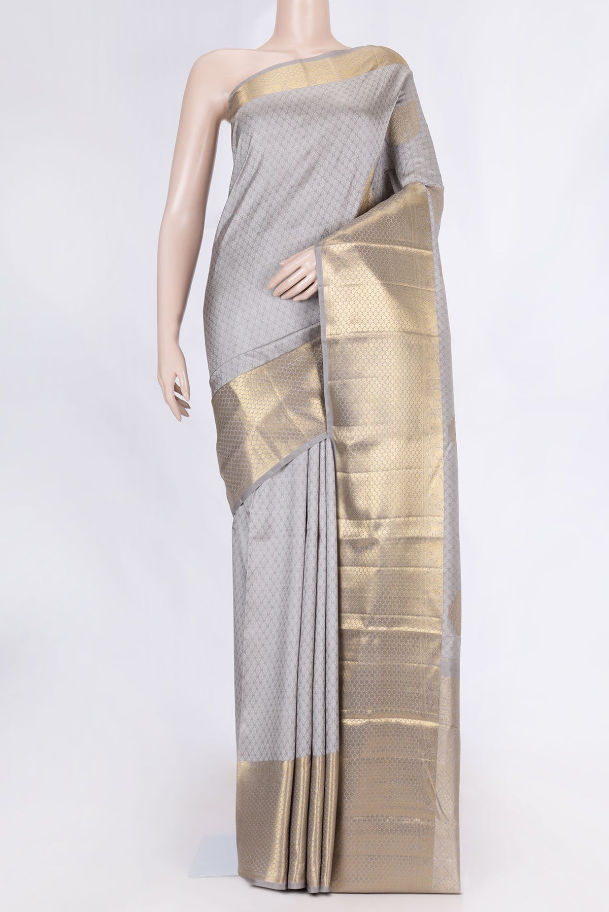 Grey Dual Tone Kanchipuram Silk Saree with Jacquard With Zari Butta on the body and Zari Border displayed on a mannequin