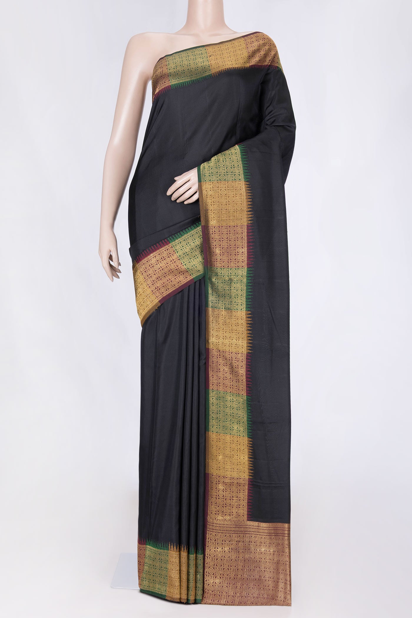 Pure Silk Pure Zari Black Dual Tone Kanchipuram Saree with Plain Body and Zari Border displayed on a mannequin