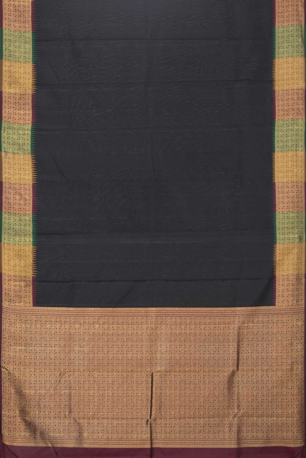 Flat view of Pure Silk Pure Zari Black Dual Tone Kanchipuram Saree with Plain Body and Zari Border