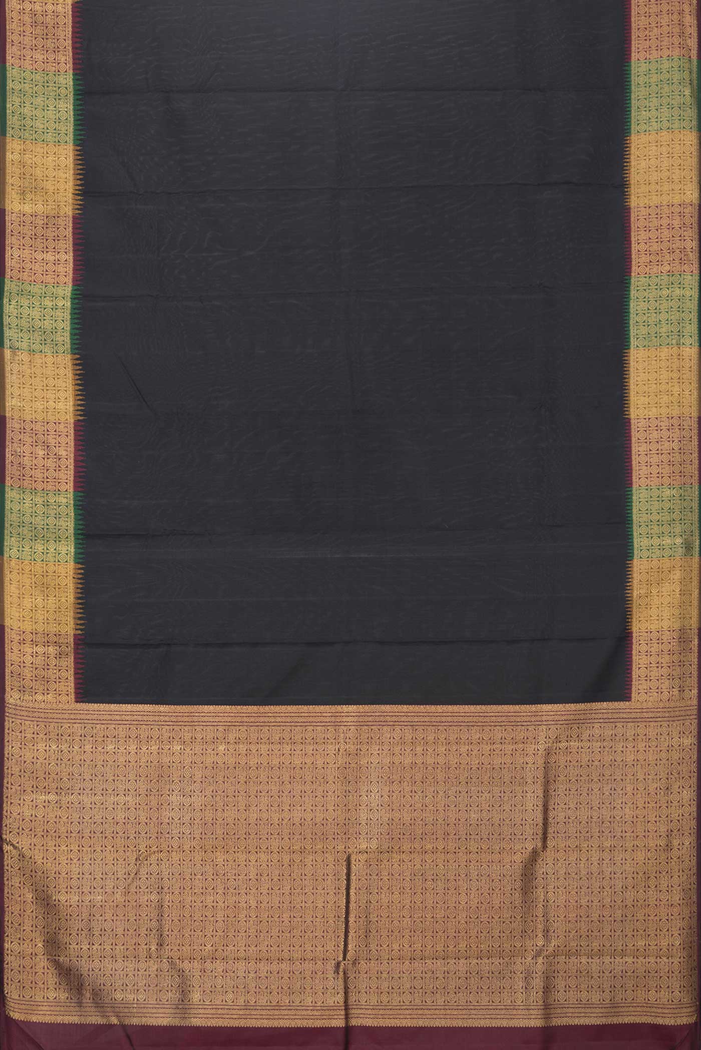 Flat view of Pure Silk Pure Zari Black Dual Tone Kanchipuram Saree with Plain Body and Zari Border