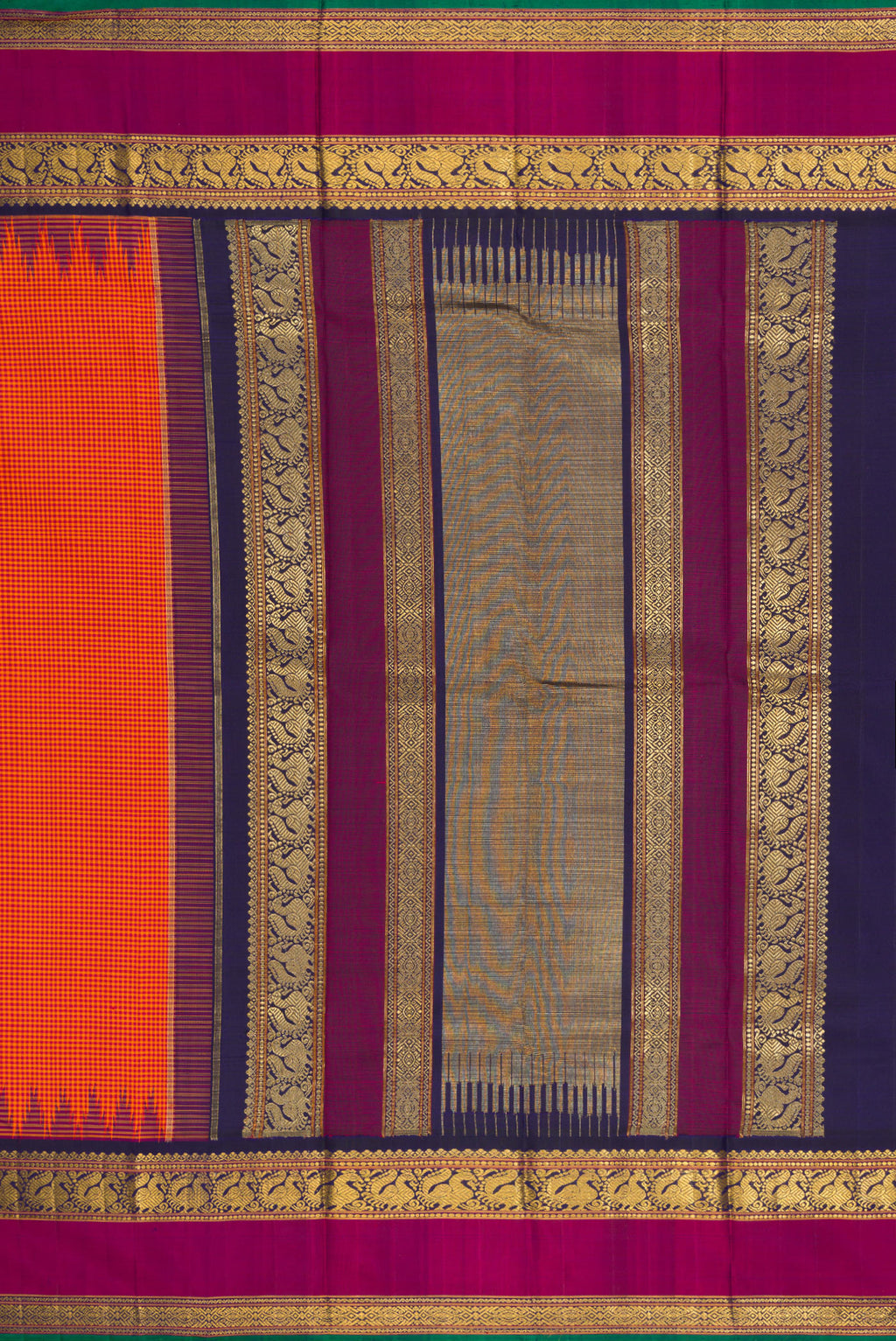 Close up image of the pallu of Pure Silk Pure Zari Orange Kanchipuram Saree with Checked design on the body and Temple Border. 