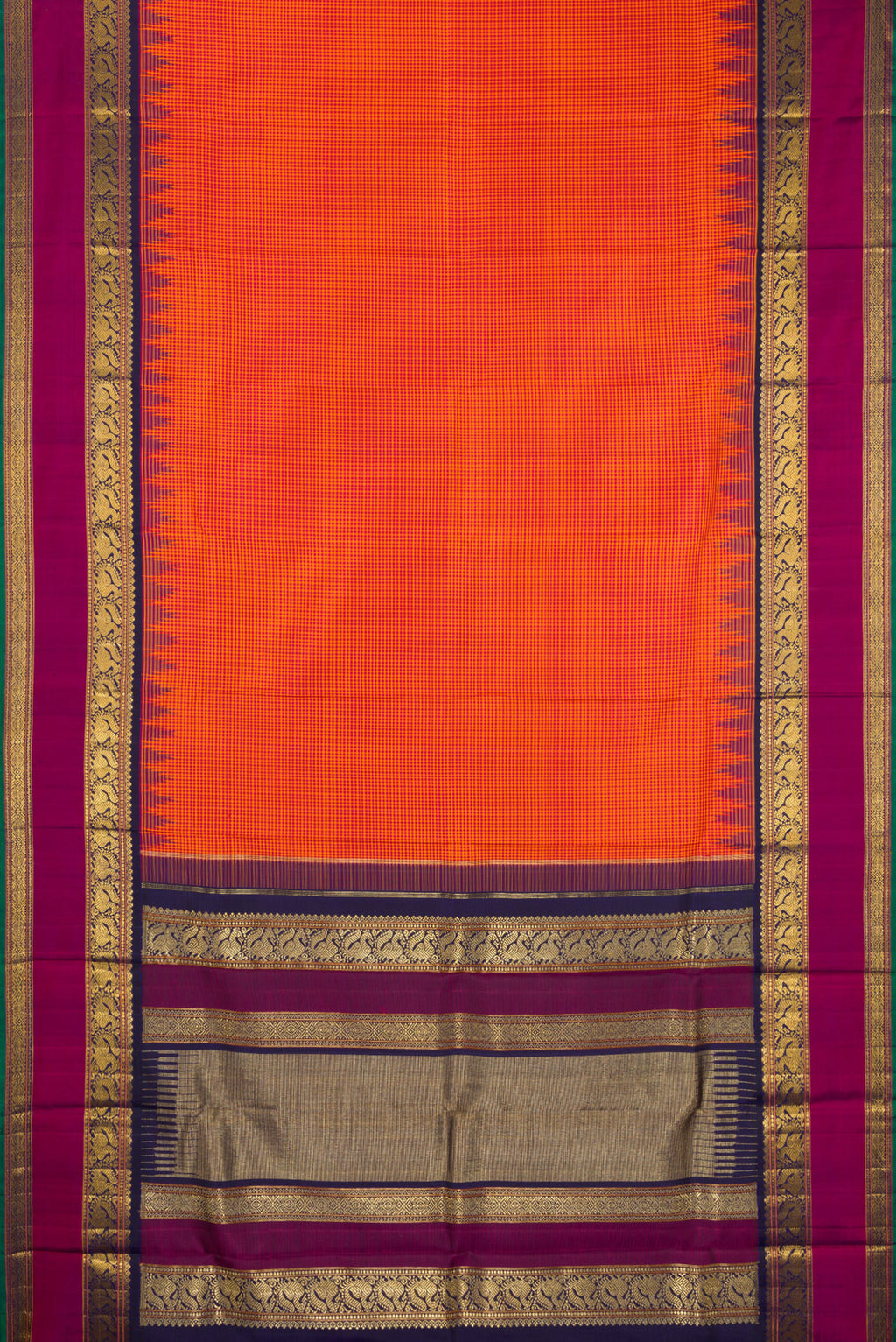 Flat view of Pure Silk Pure Zari Orange Kanchipuram Saree with Checked design on the body and Temple Border. 