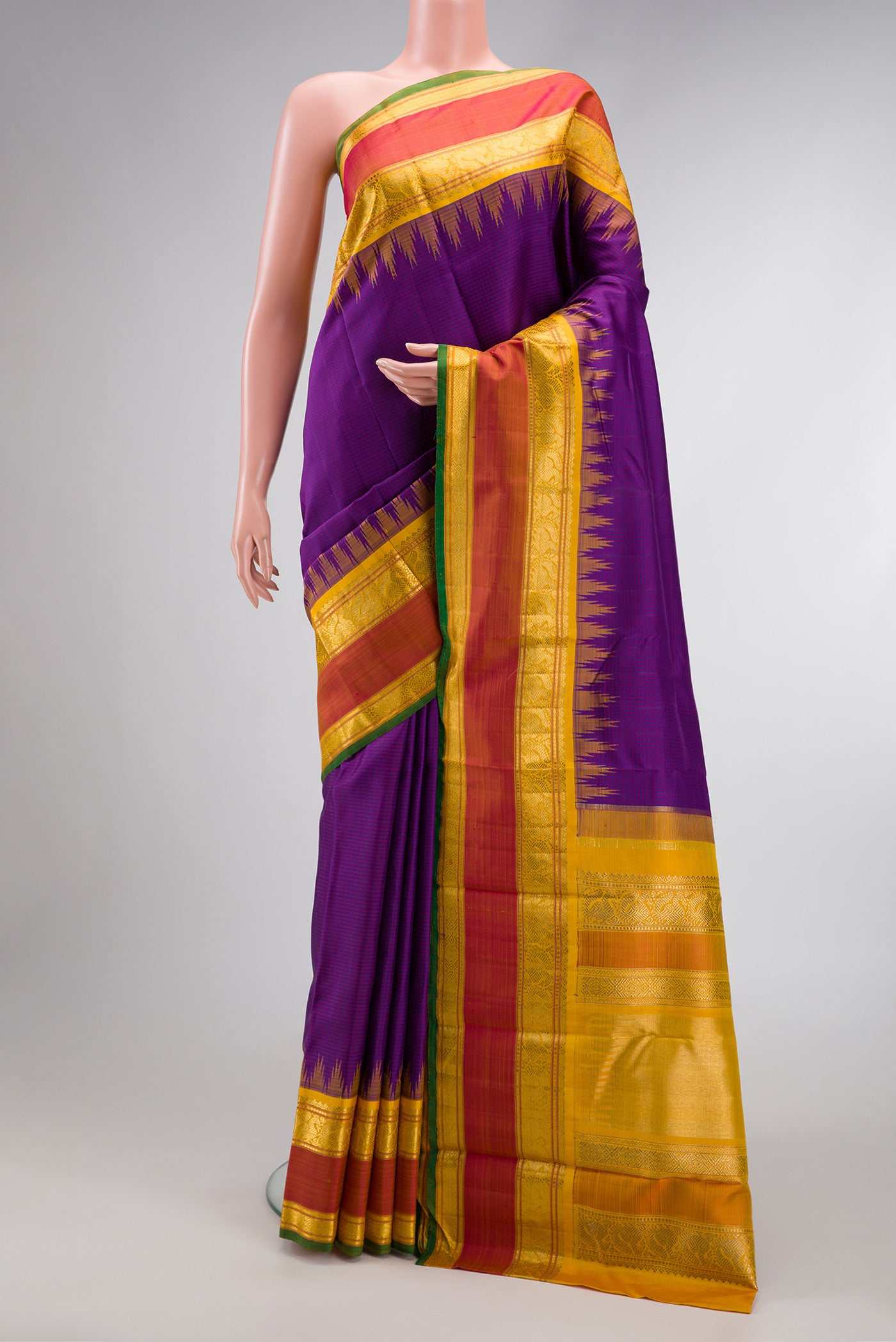 Pure Silk Pure Zari Purple Dual Tone Kanchipuram Saree with Checked design on the body and Temple Border.  displayed on a mannequin