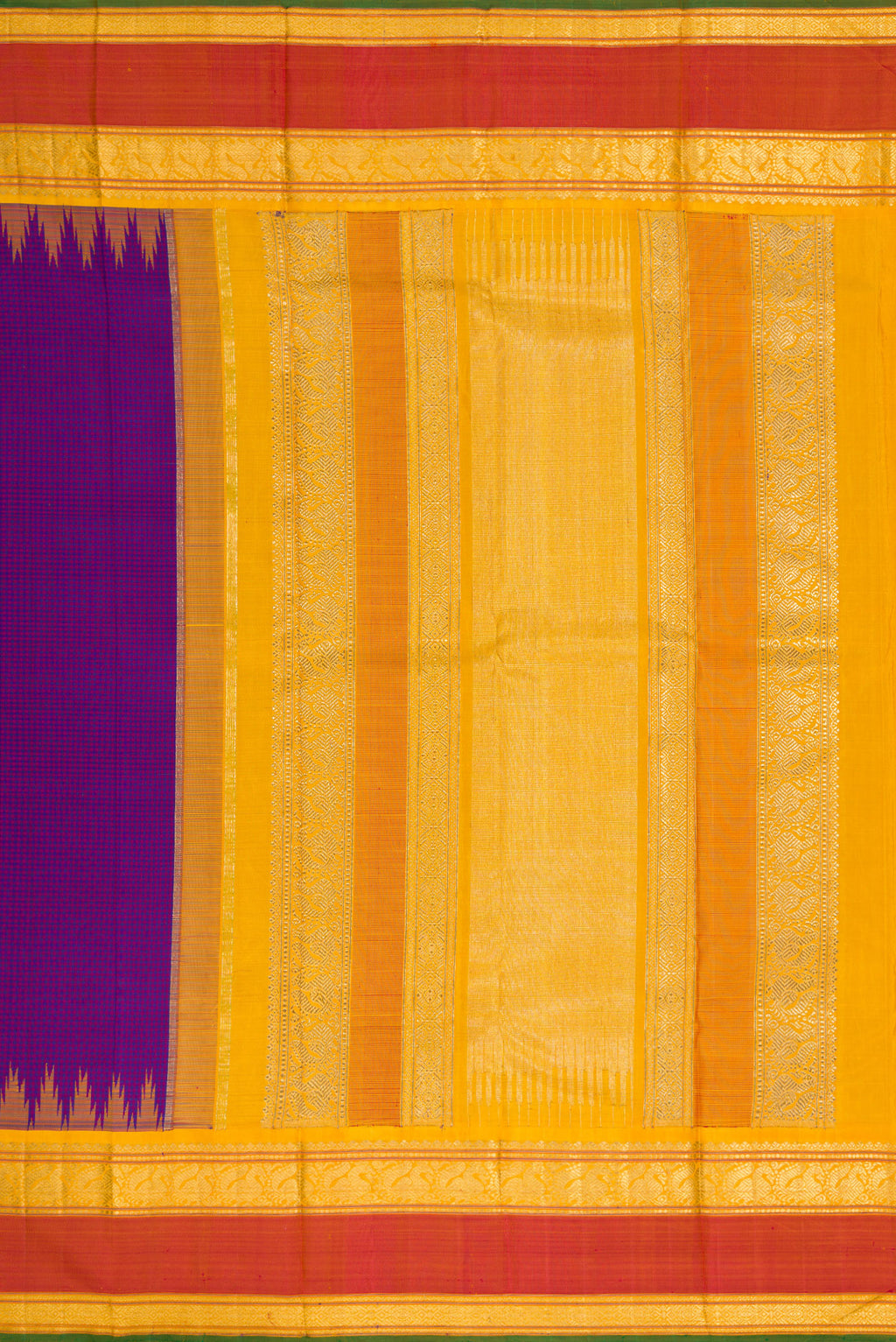 Close up image of the pallu of Pure Silk Pure Zari Purple Dual Tone Kanchipuram Saree with Checked design on the body and Temple Border. 