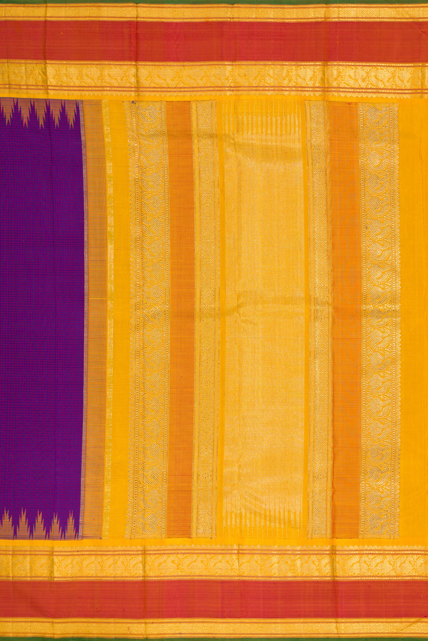 Close up image of the pallu of Pure Silk Pure Zari Purple Dual Tone Kanchipuram Saree with Checked design on the body and Temple Border. 
