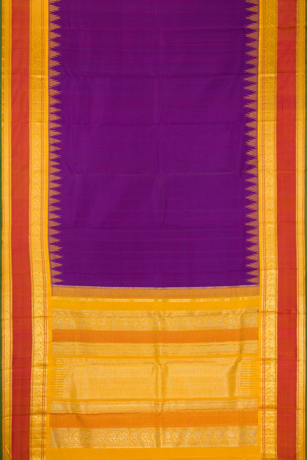 Flat view of Pure Silk Pure Zari Purple Dual Tone Kanchipuram Saree with Checked design on the body and Temple Border. 