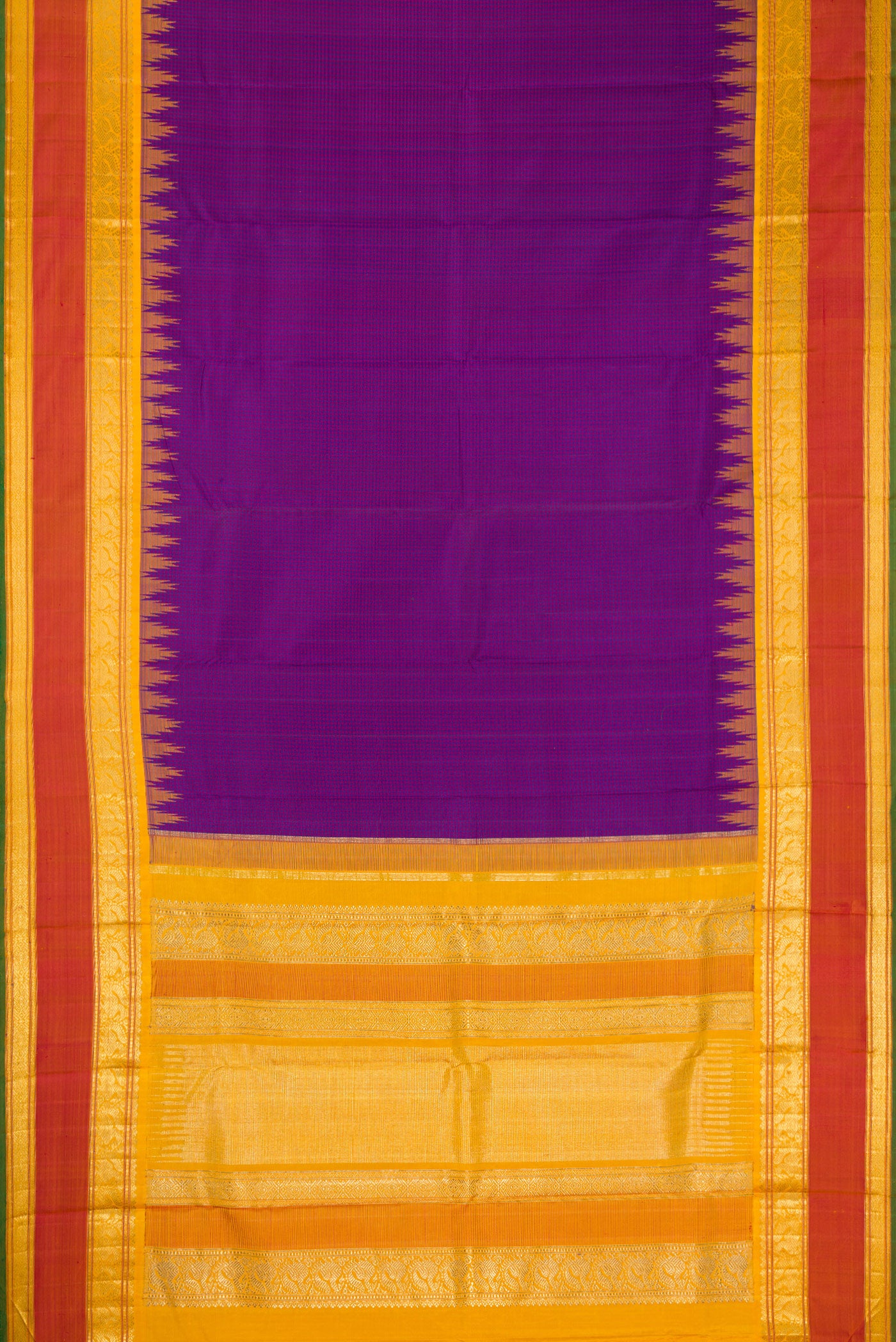Flat view of Pure Silk Pure Zari Purple Dual Tone Kanchipuram Saree with Checked design on the body and Temple Border. 
