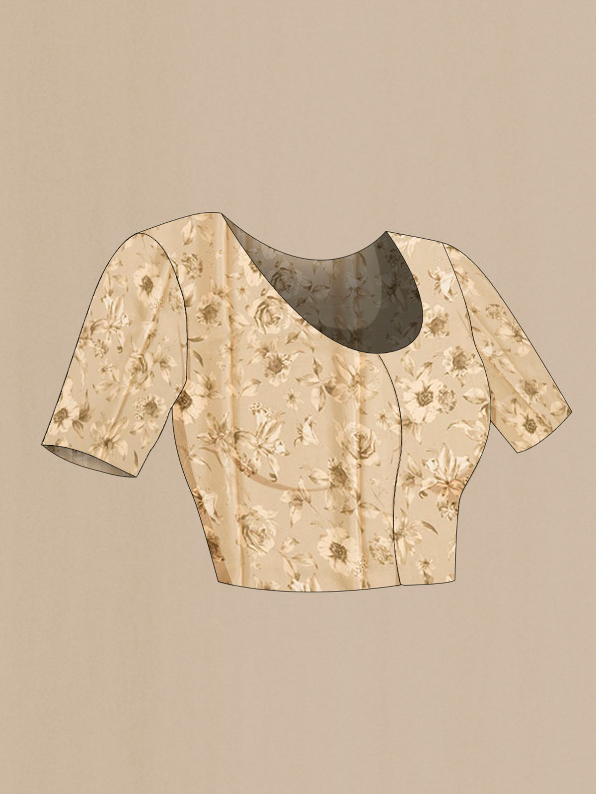Close up image of the blouse of Beige Satin Silk Saree with Floral Print on the body and Without Border